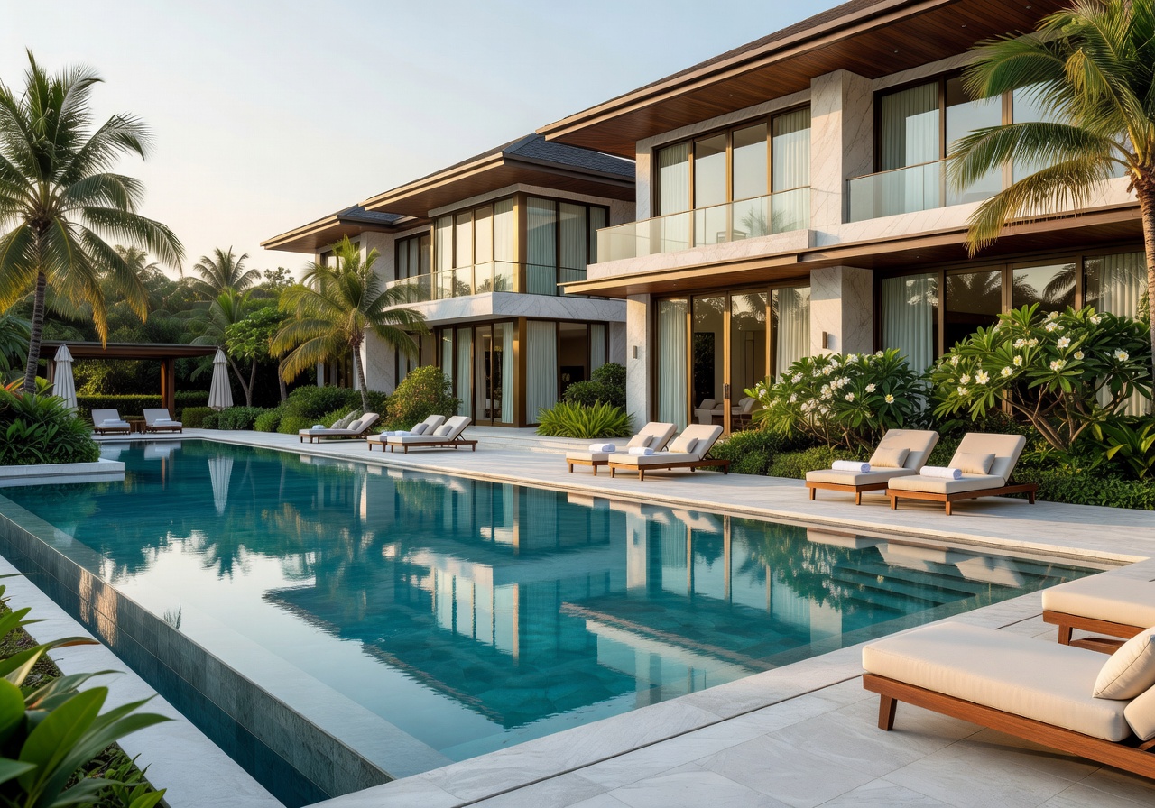 A serene view of an elegant luxury hotel pool and architecture
