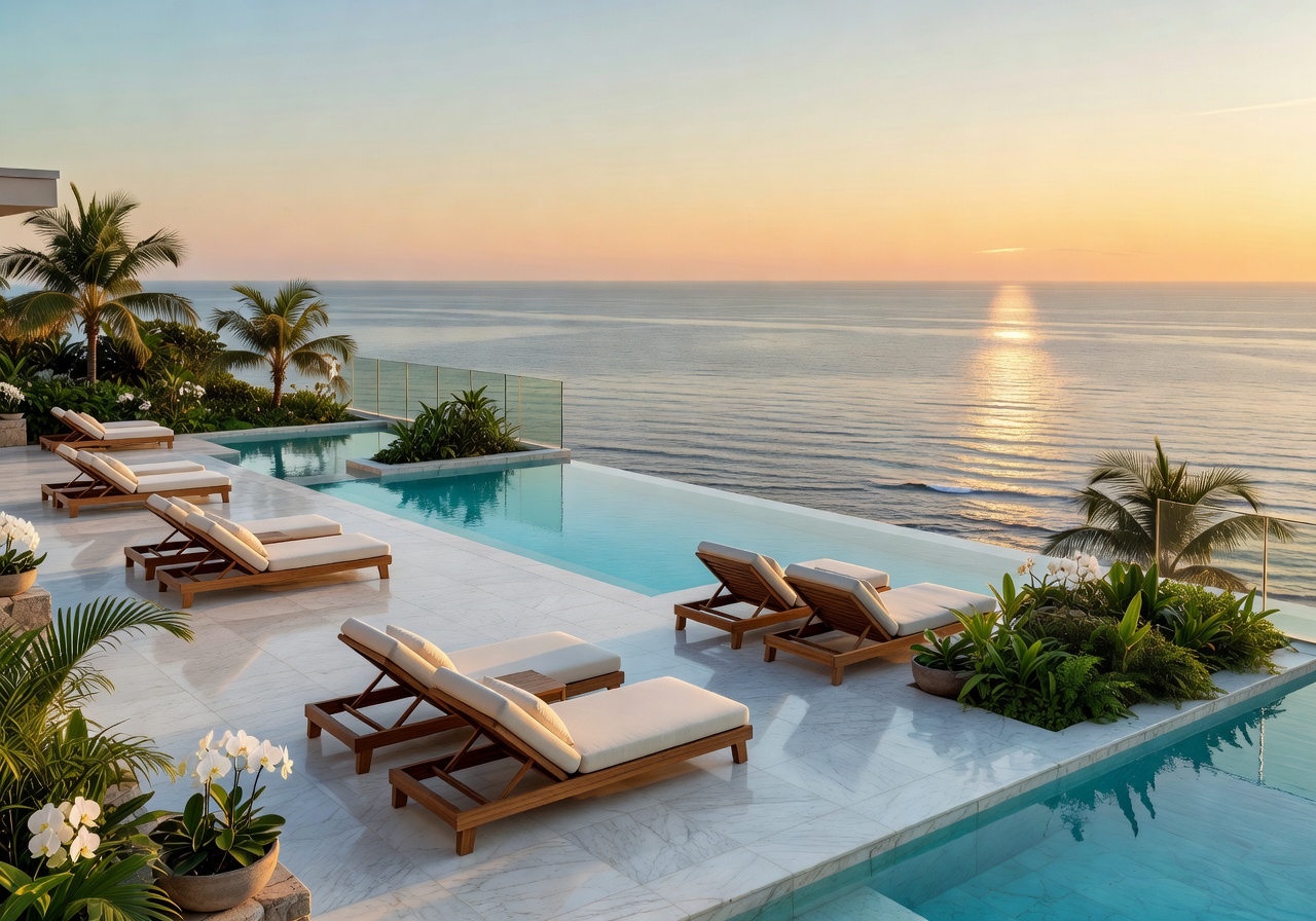 Luxury spa and wellness resort terrace overlooking the ocean