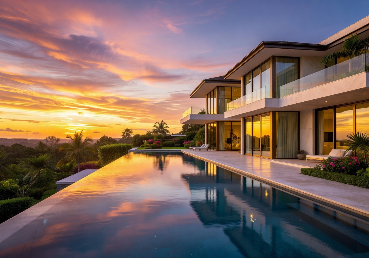 Luxury villa with private pool at sunset