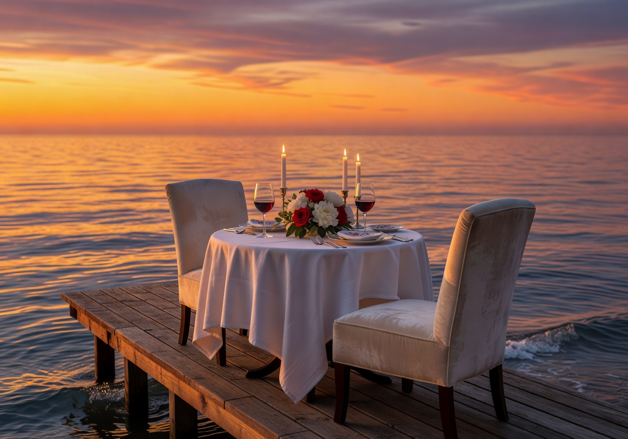 Romantic private dining setup at sunset by the sea